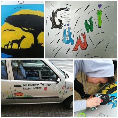 Collage - gespraytes Bild von Afrika, Schüler bemalt Auto, Namenszug in Graffitischrift auf dem Auto, Auto mit Graffiti