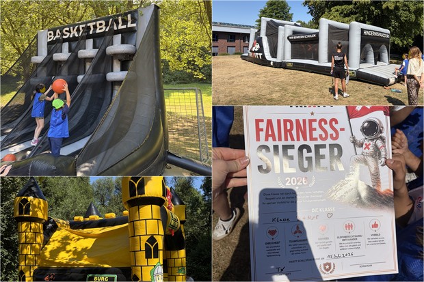 Collage 
BIld 1 BAsketball Station
Bild 2 Hindernisparcour
Bild 3Hüpfburg als Ritterburg
Bild 4 Fairness . Sieger Urkund