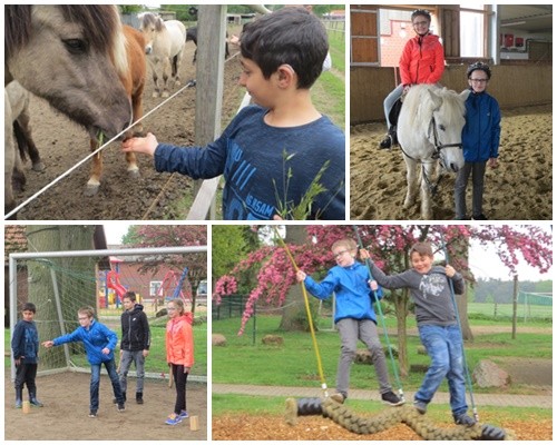 Kinder auf der Schaukel, beim Tiere füttern, auf einem Pferd sowie beim Fußball spielen