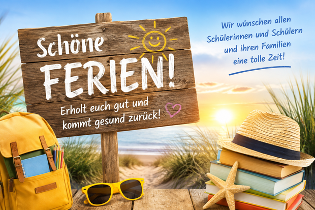 Sand, Sonnenbrille, Hut mit Büchern und Schild mit "Schöne Ferien"